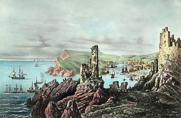Crimee War: view of Balaklava harbour in Crimee. Engraving around 1854-1855