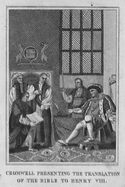 Cromwell presenting the translation of the Bible to Henry VIII (engraving)