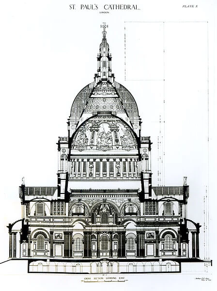 Cross section, looking east, of St. Pauls Cathedral (engraving) (b  /  w photo)