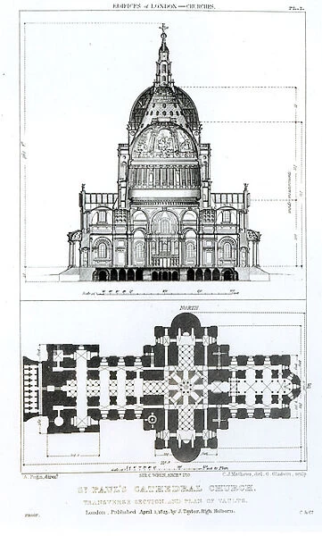 Cross section of St. Pauls Cathedral and plan of the vaults, engraved by C. J