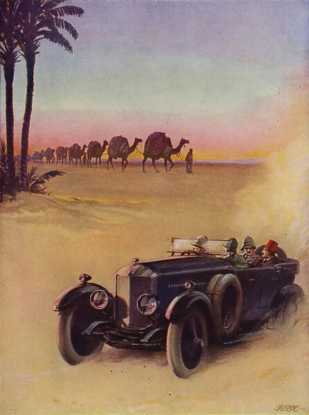 Crossing the desert by camel train and by motor car (colour litho)