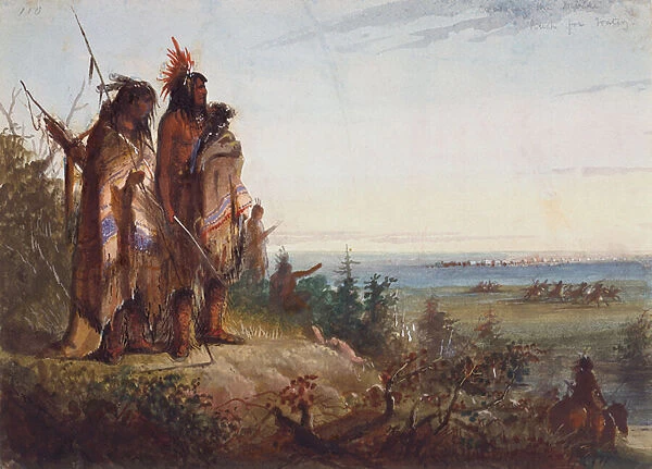 Crossing the Divide or Thirsty Trappers Making a Rush for the River, c. 1837 (w  /  c on paper)