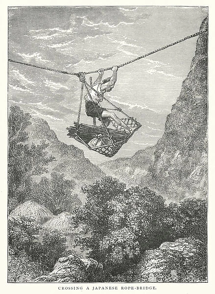 Crossing a Japanese rope-bridge (engraving)