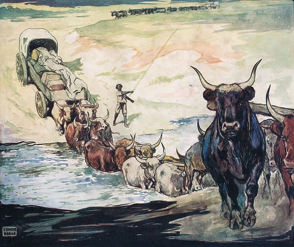 Crossing the river, illustration from Helpers Without Hands by Gladys Davidson, published in 1919 (colour litho)