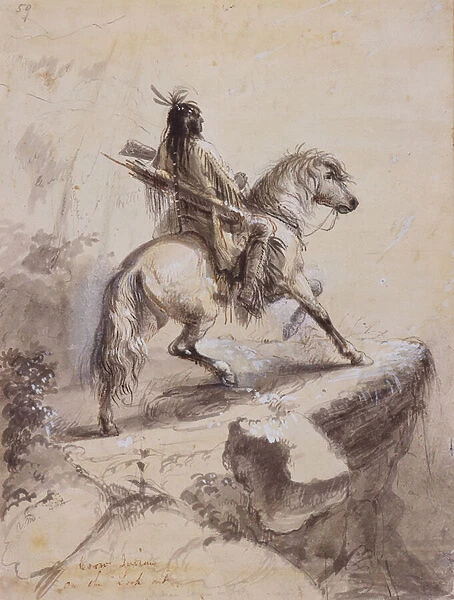 Crow Indian on Lookout, c. 1837 (pen and ink, wash, and gouache on paper)