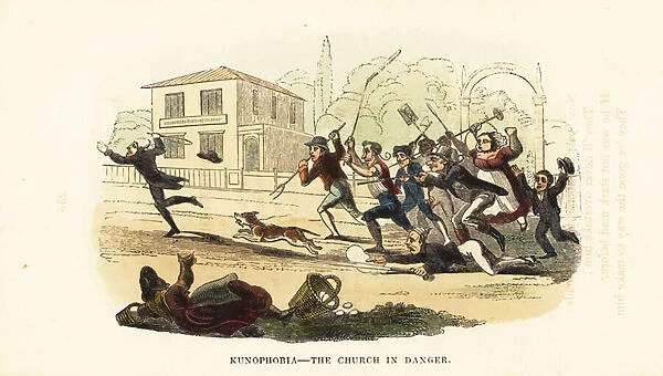 A crowd of armed people chasing a rabid dog through a village. 1831 (engraving)