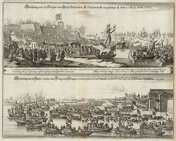 Crowds gather for Royals in Britain in 1662 (engraving)