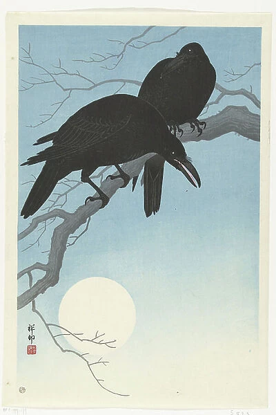 Two crows on a branch, 1927 (colour woodcut)