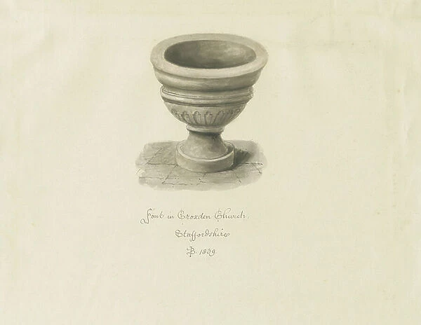 Croxden - Font in the Guest Chapel: sepia drawing, 1839 (drawing)