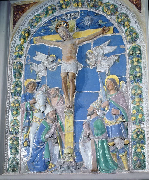 Crucifixion, bas relief (tin glazed earthenware)