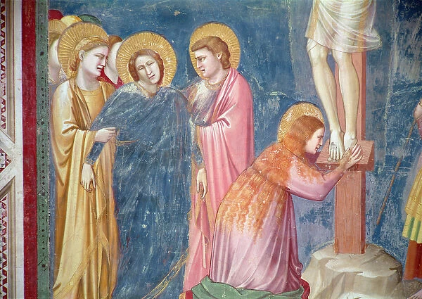 The Crucifixion, detail of Mary Magdalene and the Virgin between St. John and a female saint, c