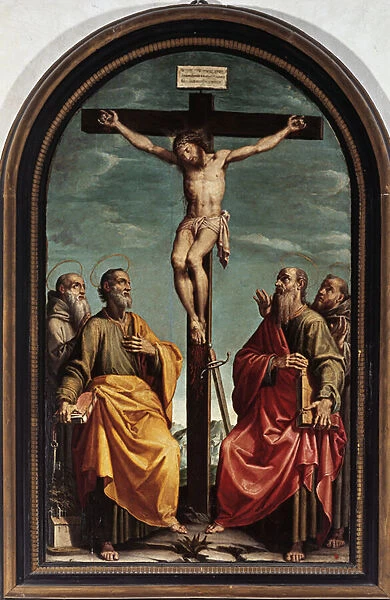 Crucifixion with Saint Peter, Paul, Romualdo and Francis (oil on canvas, 16th century)