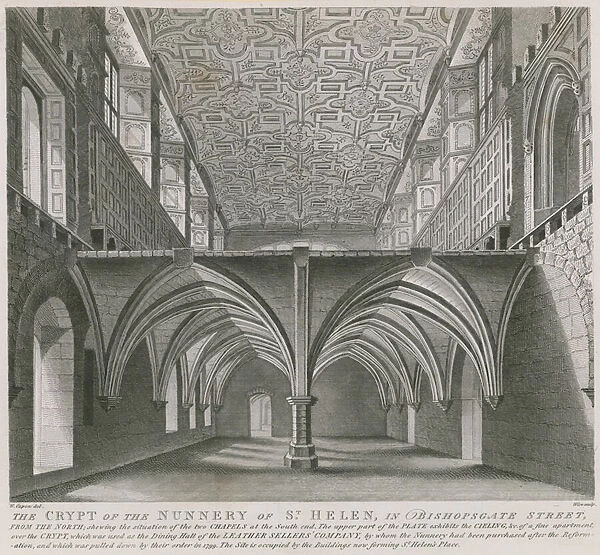 The crypt of the Nunnery of St Helen in Bishopsgate Street, London (engraving)