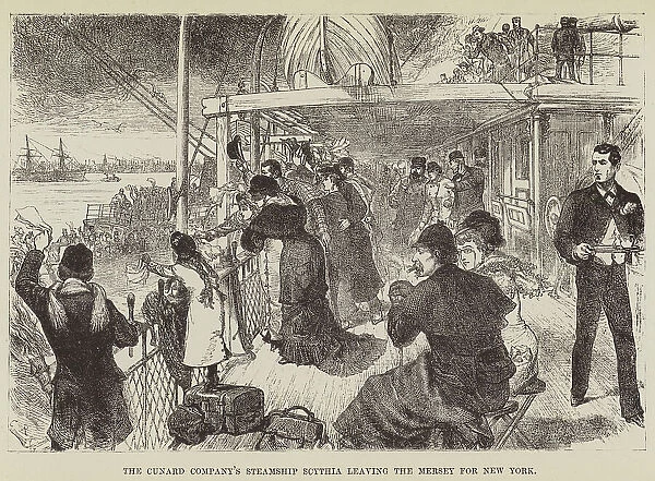 The Cunard Companys Steamship Scythia leaving the Mersey for New York (engraving)