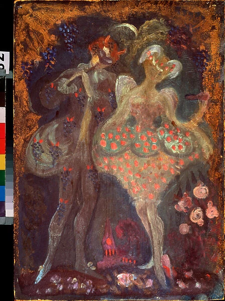 Cupidon et un faune. Oeuvre de Sergei Yurievich Sudeykin (Serge Soudeikine) (1882-1946), tempera sur carton. Art russe, debut 20e siecle. State Art Museum of Republic Tatarstan, Kazan (Russie)