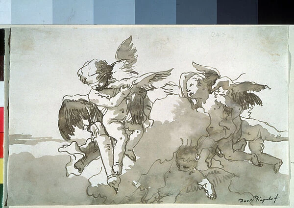 Cupids with doves and a torch, 18th century (ink on paper)