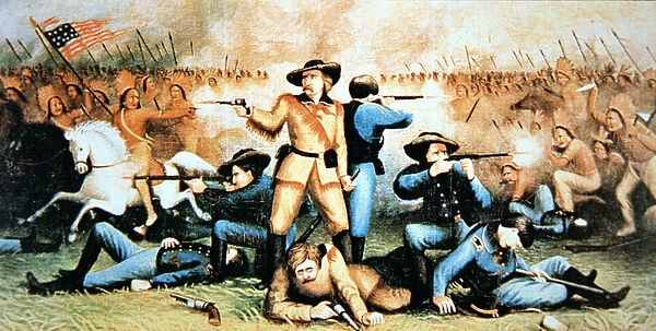 Custers last stand at the Battle of Little Bighorn, 25th June, 1876 (colour litho)
