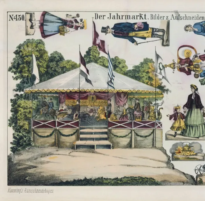 Framed Print : Cutout sheet featuring a funfair carousel, published by Kanning, 1860 (colour litho) Framed Print : Cutout sheet featuring a funfair carousel, published by Kanning, 1860 (colour litho)