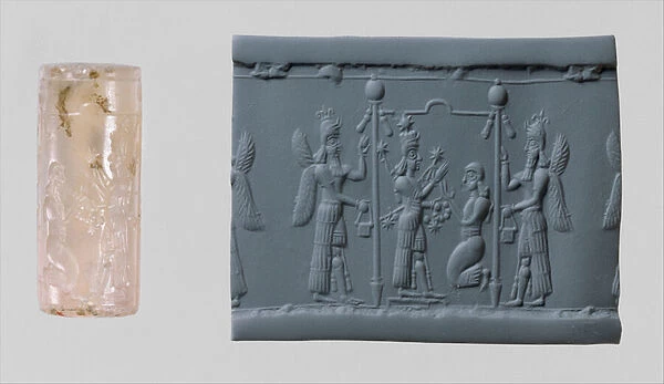 Cylinder seal of Ishtar and modern impression, c. 8th-7th century BC (chalcedony)