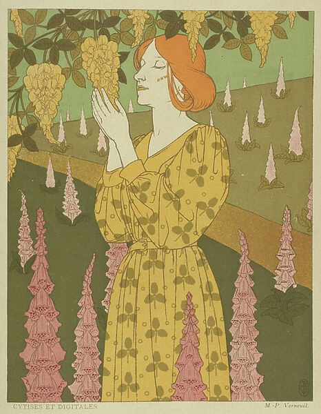 Cytises and Digitales - Woman with Wisteria and Foxgloves (colour litho)