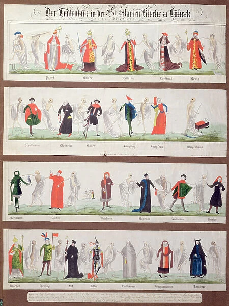 The Dance of Death from the Marienkirche in Luebeck (colour engraving)