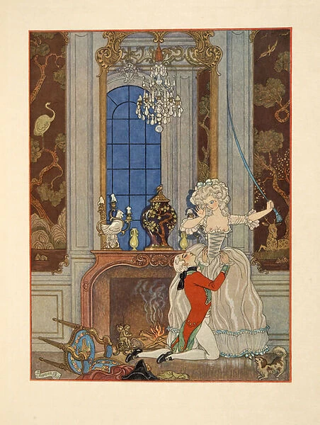 Danceny declaring his love to Cecile, Illustration from Les Liaisons Dangereuses by Pierre Choderlos de Laclos (1741-1803) pub. 1934 (pochoir print)