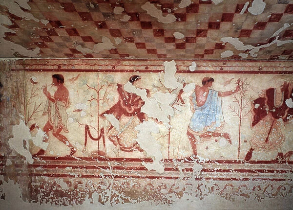Dancers and musicians during a banquet. Frescoes of the Tomba del triclinium