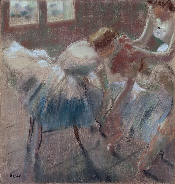 Three Dancers Preparing for Class, c. 1880 (pastel on buff-colored wove paper)