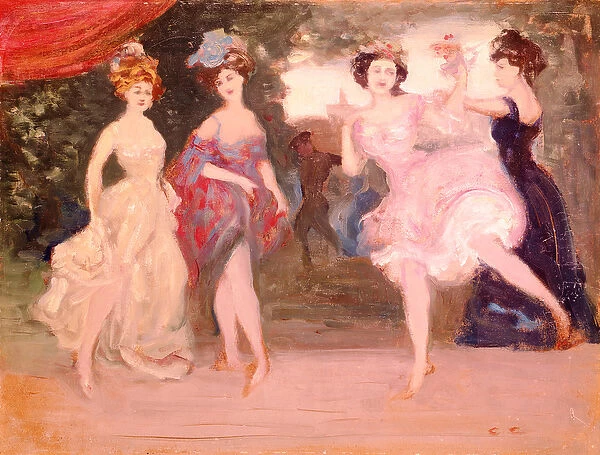 Four Dancing Girls on the Stage (oil on board)