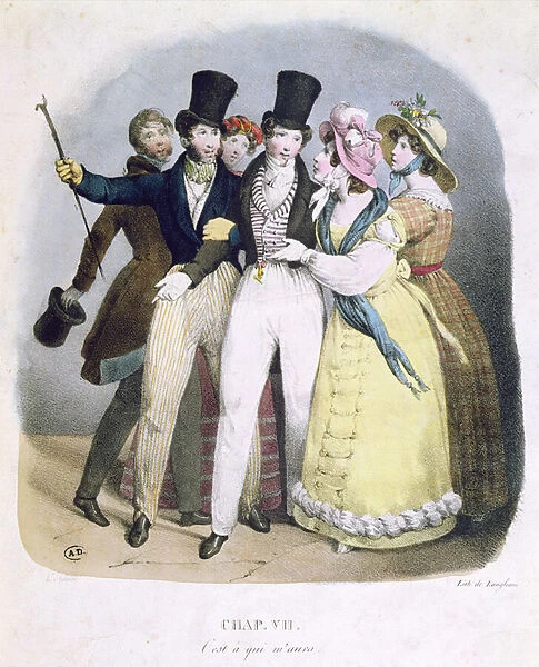Dandy with admirers, c. 1830 (colour litho)