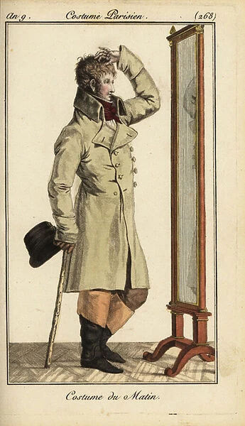 Dandy or Incroyable in morning outfit, 1800 (handcoloured copperplate engraving)