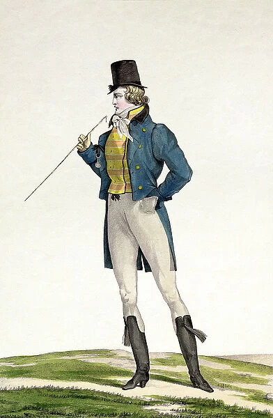 A Dandy in a Robinson hat, with childlike curls, knitted trousers, and riding boots