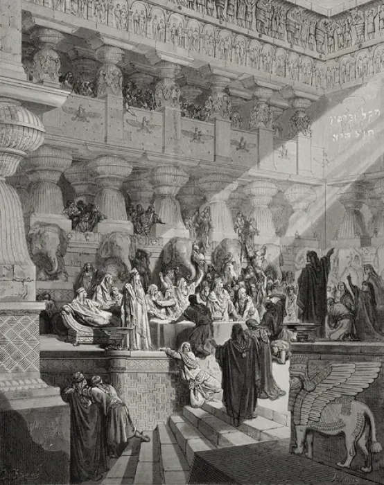 Framed Print : Daniel Interpreting the Writing on the Wall, Daniel 5: 25-28, illustration from Dore s