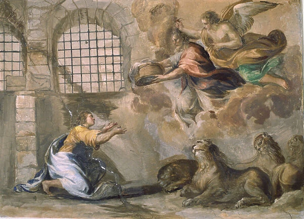 Daniel in the Lions Den is fed by Habbukuk (fresco)