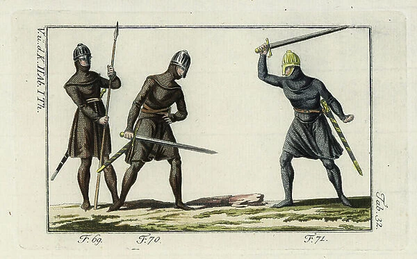 Danish soldiers in chain-mail suits of armor 1796 (engraving)