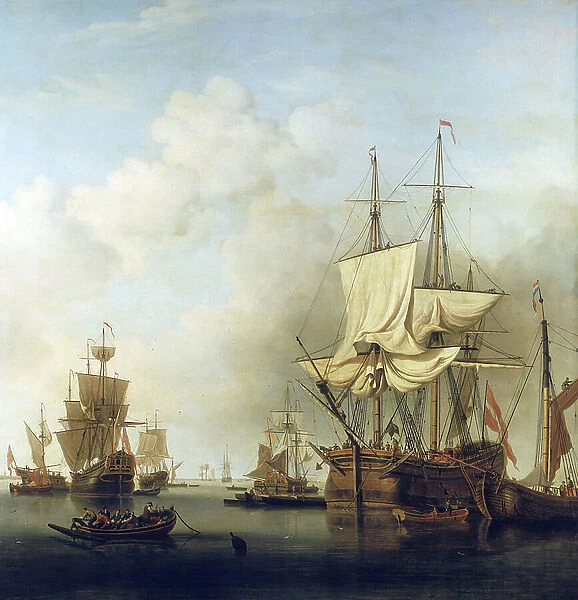 Danish wood transport ship, in the mouth of the Thames, to Gravesend (England). Oil on canvas, 1736, by Samuel Scott (1702-1772)