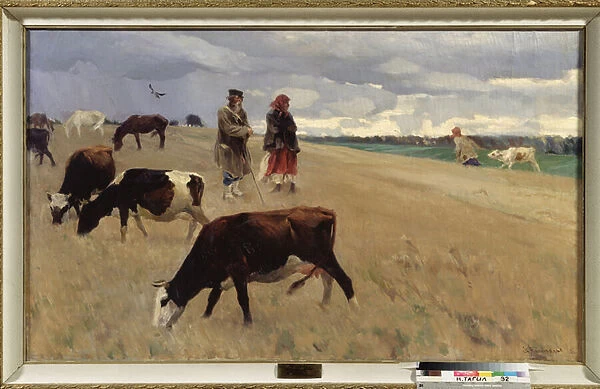 Dans le champ de chaume (On the Stubble Field) - Peinture de Sergei Arsenyevich Vinogradov (1869-1938), huile sur toile, 1896, art russe 19e siecle, modernisme - State Art Museum Nijni Taguil (Russie)