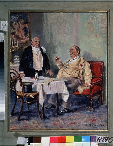 Dans un restaurant (In a Restaurant). Un homme obese et satisfait, une fleur a la boutonniere felicite le serveur a la fin de son diner. Peinture de Vladimir Yegorovich Makovski (Makovsky, Makovskij) (1846-1920), huile sur toile, 1914