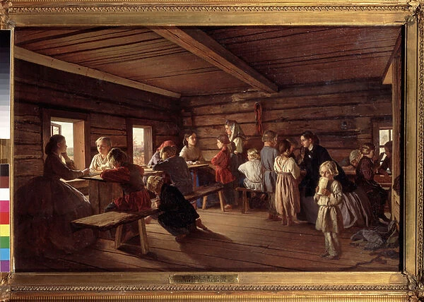 Dans une ecole de campagne (In A Country School). Peinture de Alexander Ivanovich Morozov (1835-1904), huile sur toile, 1865. Art russe 19e siecle. State Tretyakov Gallery, Moscou