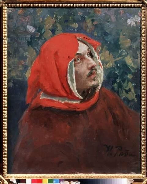 Dante Alighieri (Durante degli Alighieri, 1265-1321) - coiffe d un liripipion - Peinture de Ilya Yefimovich Repin (Ilia Repine) (1844-1930), huile sur toile. Art russe, 19e siecle. State United Art Museum, Kostroma (Russie)