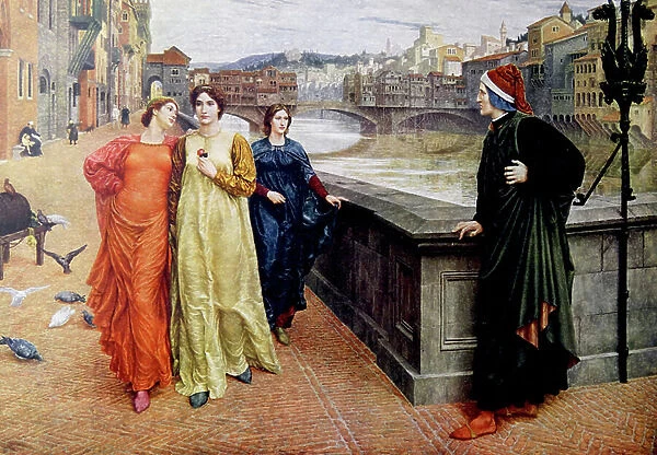 Dante Alighieri meeting his muse Beatrice Portinari in Firenze, 19th century (print)