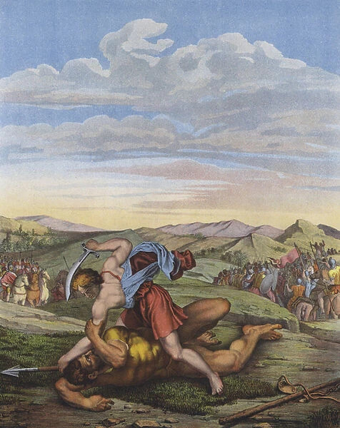 David defeating Goliath (colour litho)