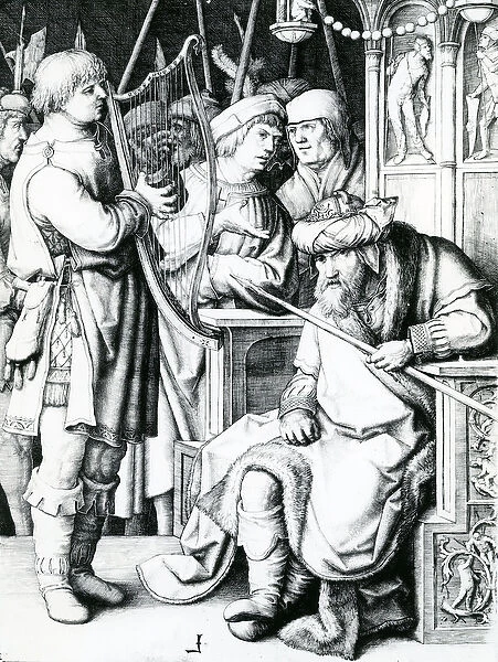 David playing the harp for Saul (engraving)