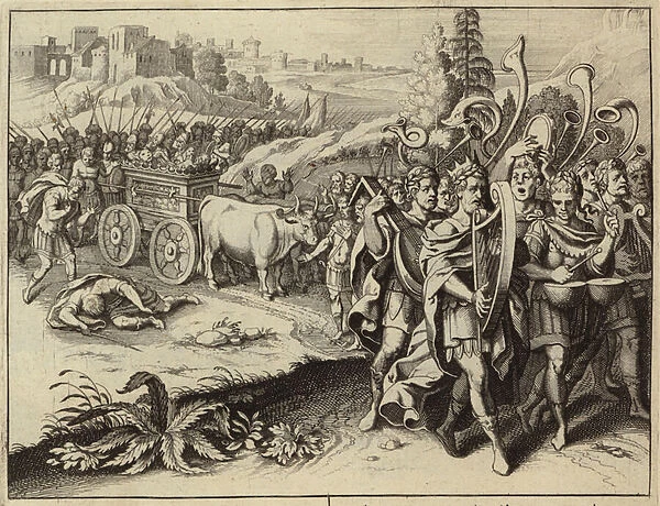 David taking the Ark of the Covenant to Jerusalem (engraving)