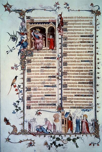 Davids threatening by Saul. Allegory of greed. Sacrament of Communion. Allegory of charity. Miniature taken from the Psalm 'Breviaire de Belleville', 1323-1326, (Folio 24v) by Jean Maid