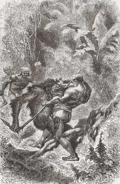 A Dayak native from Borneo fighting with an orangutan, from El Mundo en la Mano