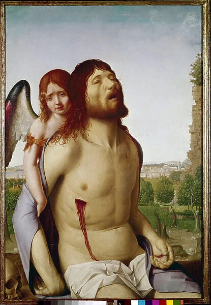 The dead Christ supported by an angel. (oil on panel, 1476-1479)
