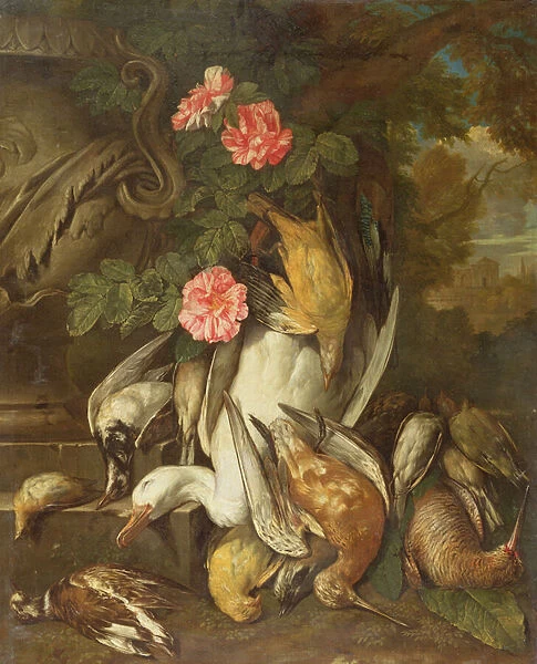 Dead duck, Snipe, Finches and Other Dead Birds with Roses and Urn in a Wooded Landscape