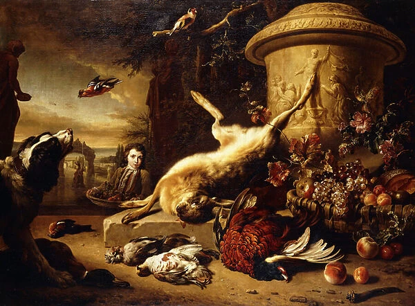 A dead Hare on a plinth by a sculpted Urn with a Basket of Fruit, a dead Pheasant
