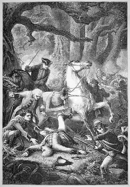 The death of British Commander General Braddock near Fort Duquesne (engraving)